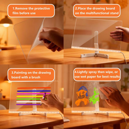 Snofrid LED Message Board Acrylic Dry Erase Light-Up Board with Stand Markers Cleaning Cloths Tracing Paper Erasable Reusable Kids Learning Gift for Birthday Halloween Christmas Decorative Neon Sign